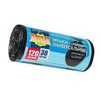 Мешки для мусора 120 л, с ушками, черные, в рулоне 30 шт., ПНД, 15 мкм, 1100х700 мм, Крепак, 4607075710375 в Батайске